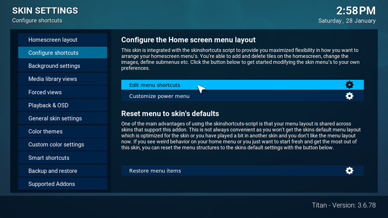 keyboard shortcut for settings menu in kodi titan